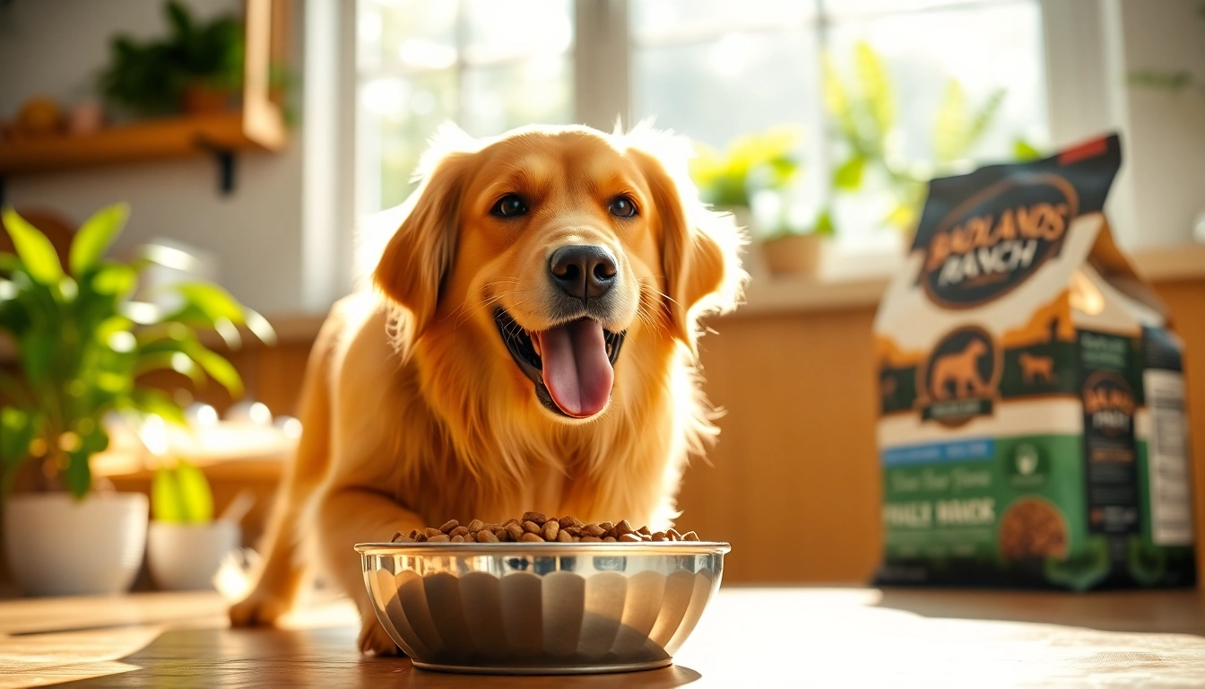 Dog enjoying Badlands Ranch dog food in Canada with sunlight streaming from the window.