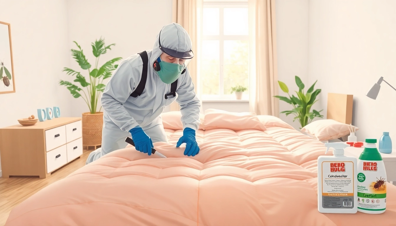 Efficient bed bug removal process demonstrated in a cozy bedroom with an exterminator and tools.