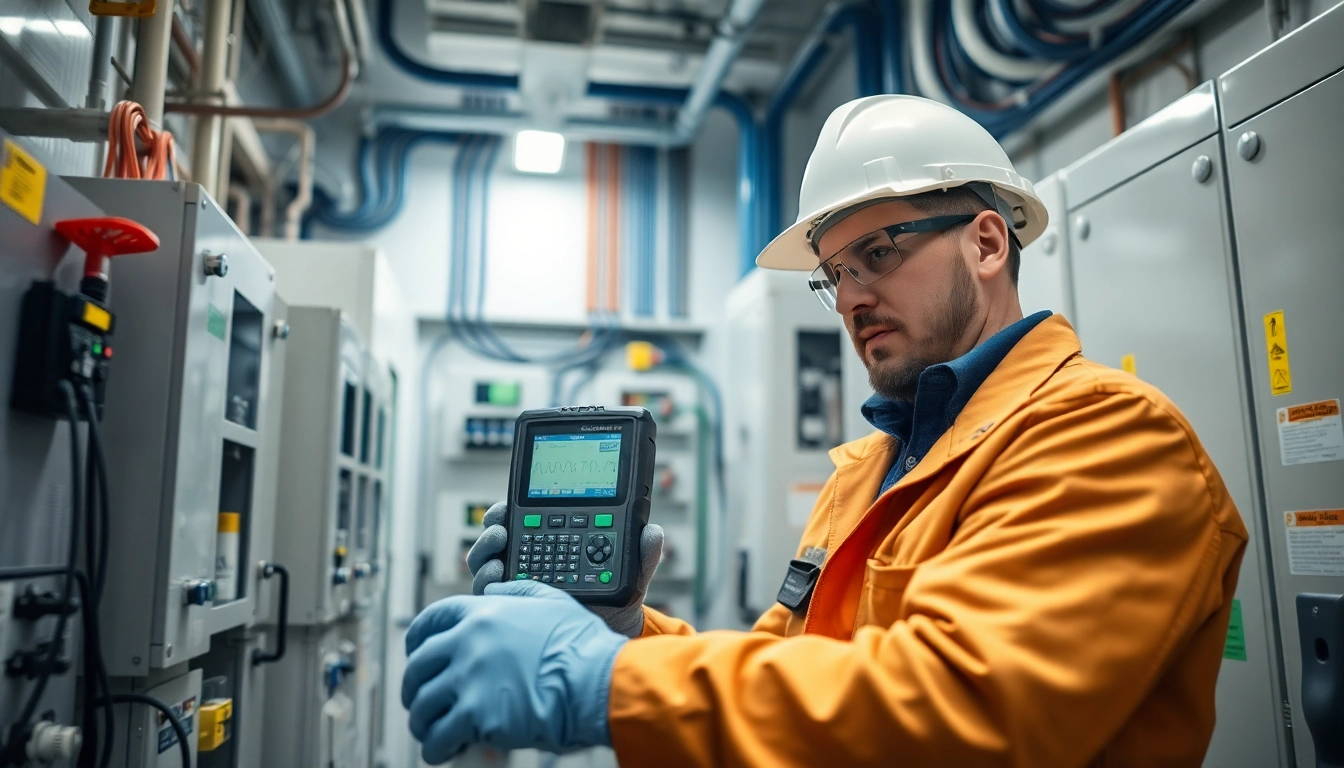 Performing Fixed Electrical Testing with precision in a commercial setting, highlighting electrical safety measures.