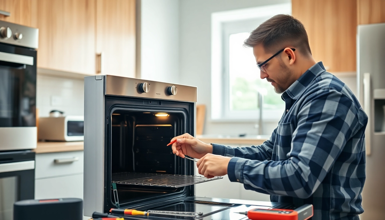 Oven repair by a skilled technician in a bright kitchen showing tools and modern appliances.