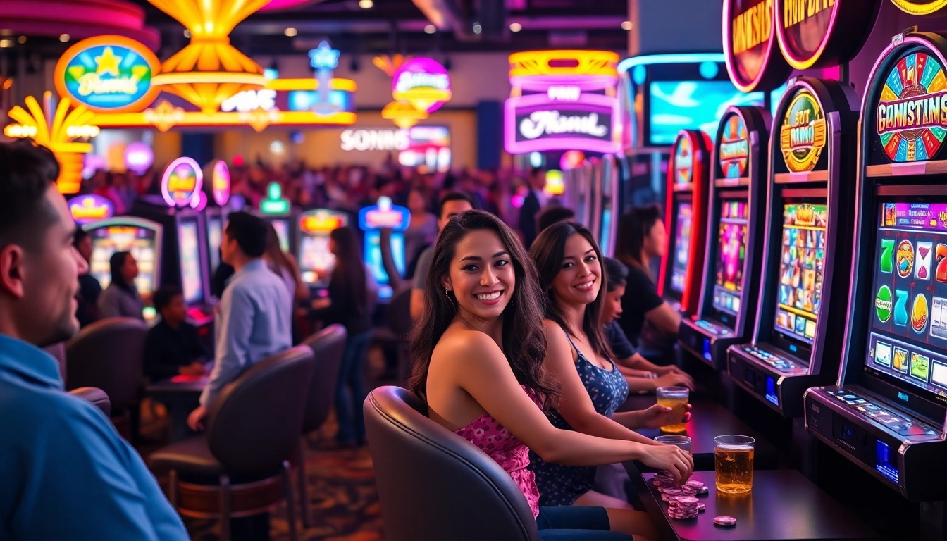 Experience the vibrant atmosphere of slotbuff3.com with exciting slot machines and joyful players.