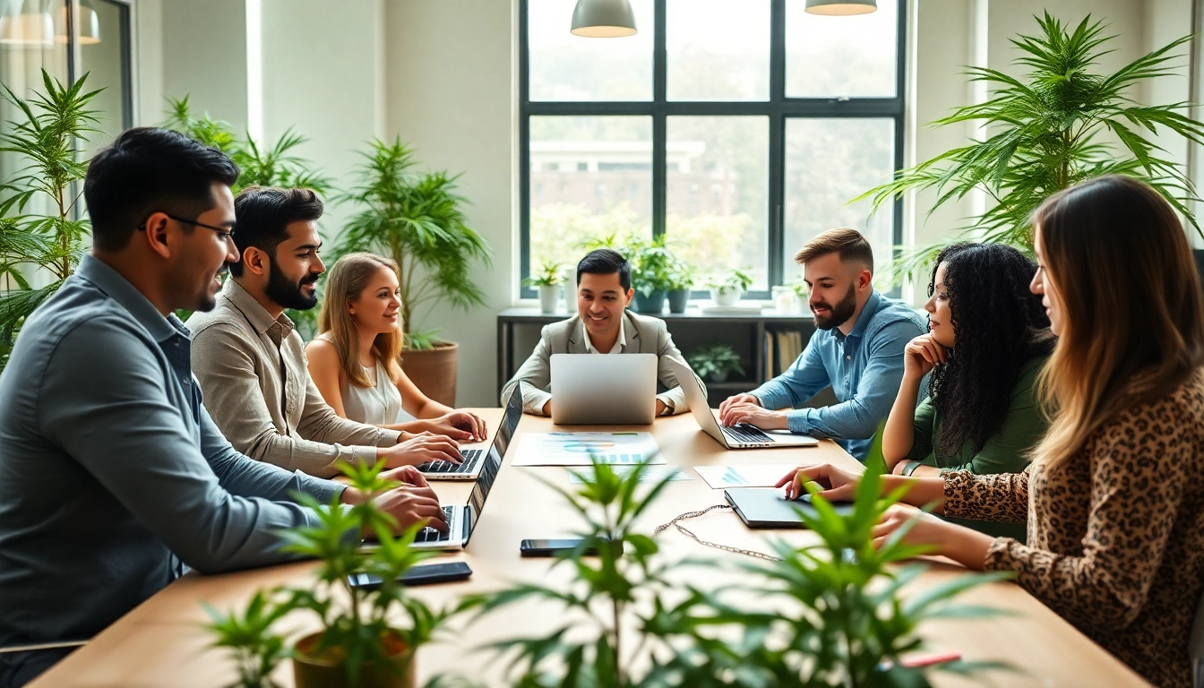 Cannabis marketing agency team strategizing in a vibrant workspace, showcasing collaboration.
