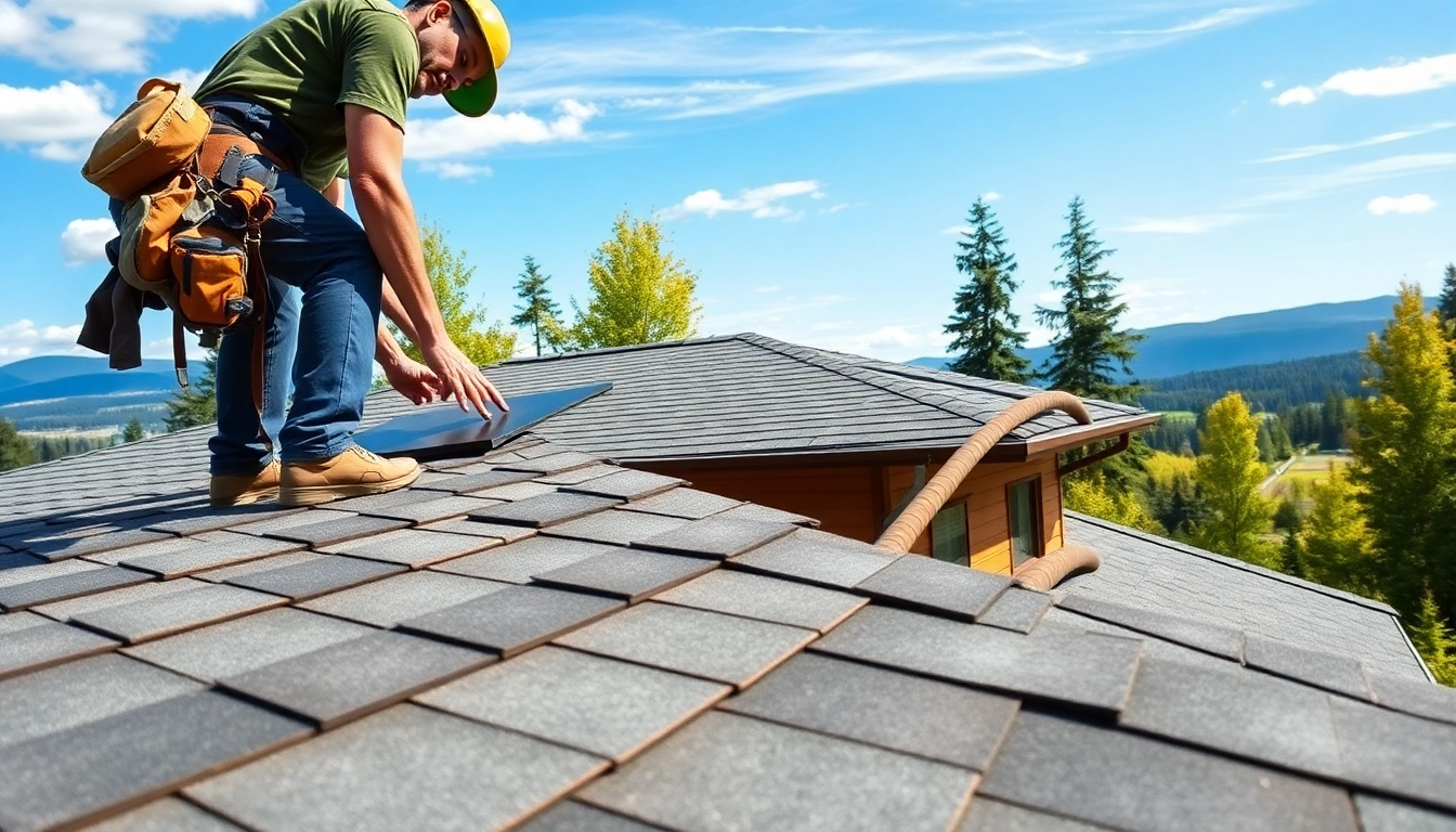 Roofing companies Vancouver Wa expert installing shingles on a house with a scenic backdrop.