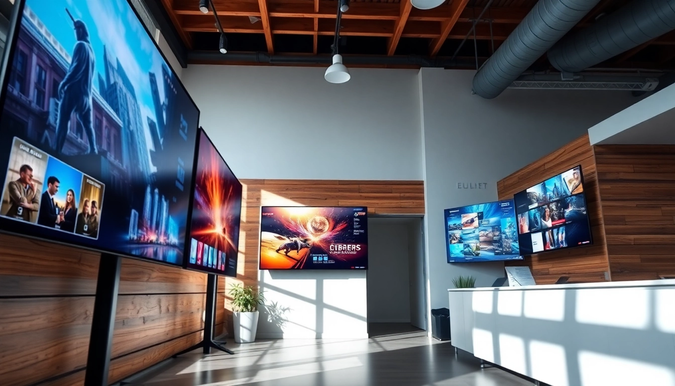 Engaging digital signage content showcased on sleek displays in a vibrant office.