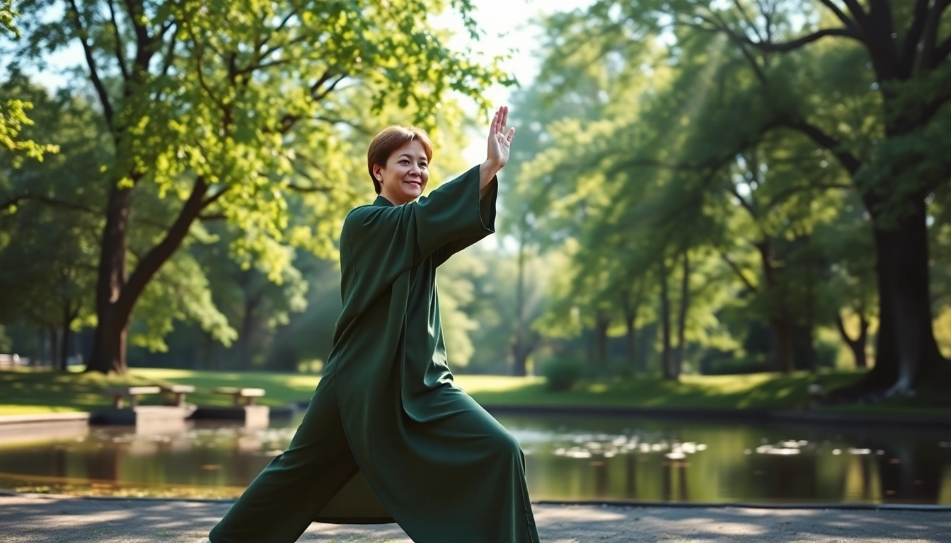 Angie Sierra demonstrating Tai Chi in a tranquil park, showcasing fluid movements and natural grace.