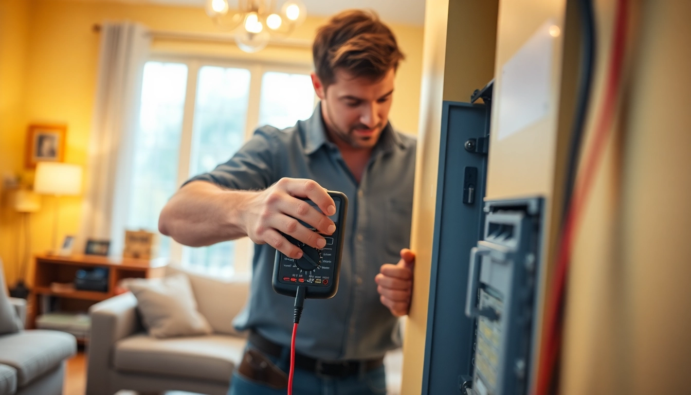 Inspecting electrical home inspection equipment in a well-lit living room.