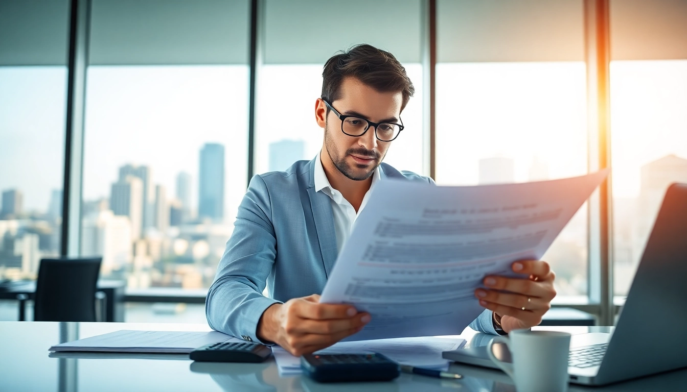 Accountant reviewing ERC tax credits in a professional office setting with detailed documents.