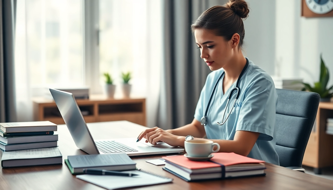 Engaged nurse studying rn ceus online from a cozy home office.