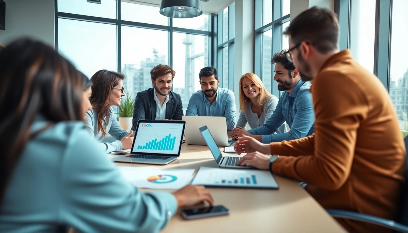 Boost local seo services with a professional marketing team collaborating in an energetic office setting.