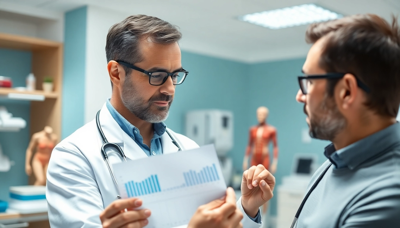 Consultation on Testosterone Replacement Therapy showcasing patient and doctor interaction in a modern clinic.