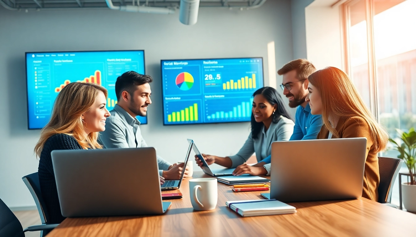 Explore effective smm services through a collaborative digital marketing team meeting in a modern office.