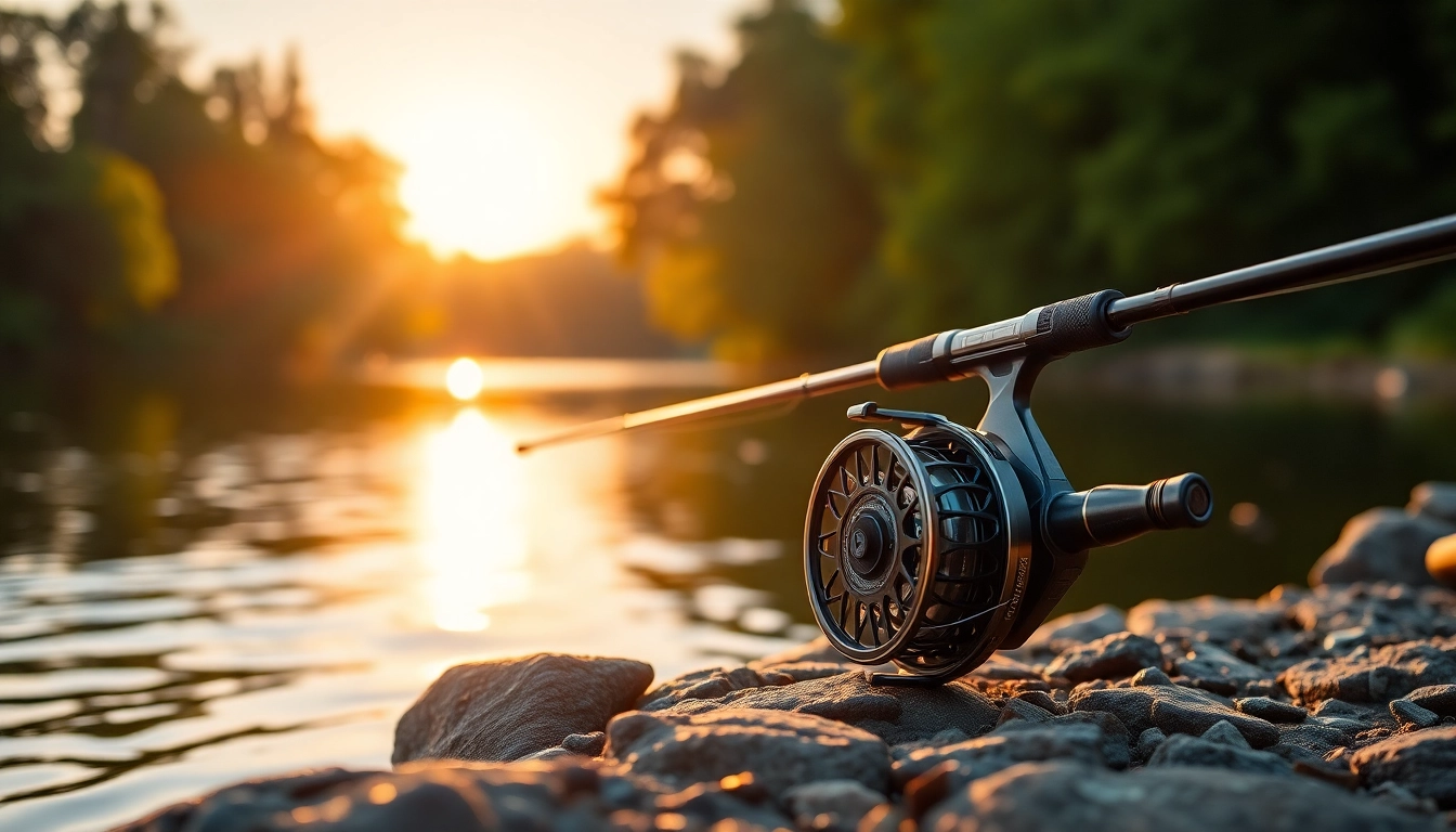 Showcase of a fly fishing combo against a tranquil lake at sunset, highlighting its features.