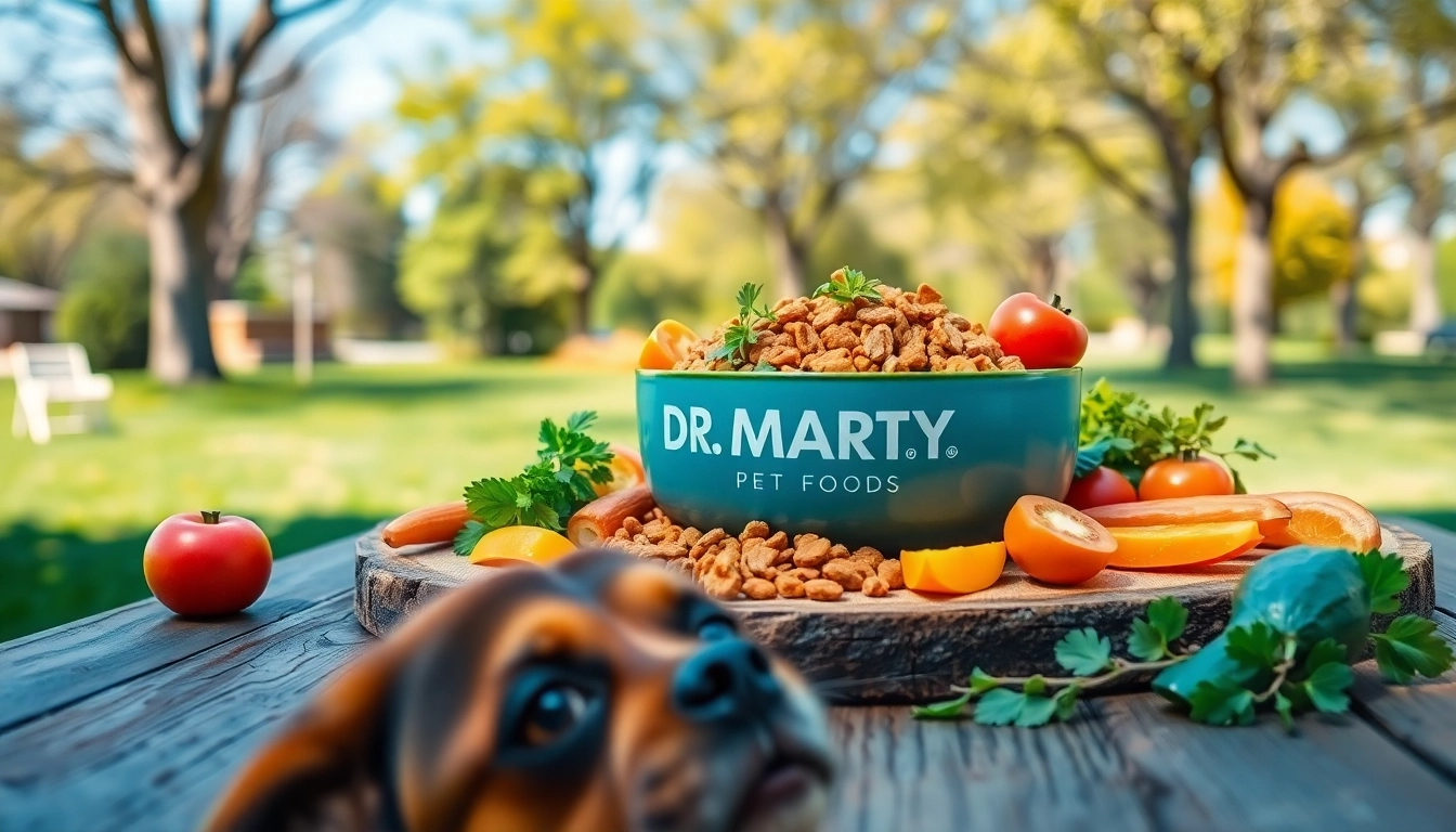 Showcase of Dr. Marty pet food Canada in a rustic setting with fresh ingredients.