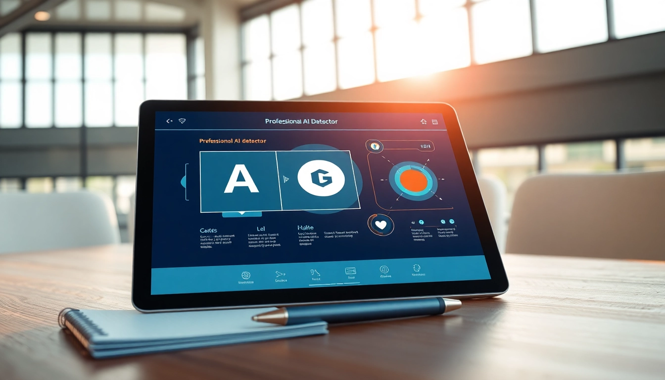 Analyze text with an AI detector showcased on a digital tablet in a modern office.