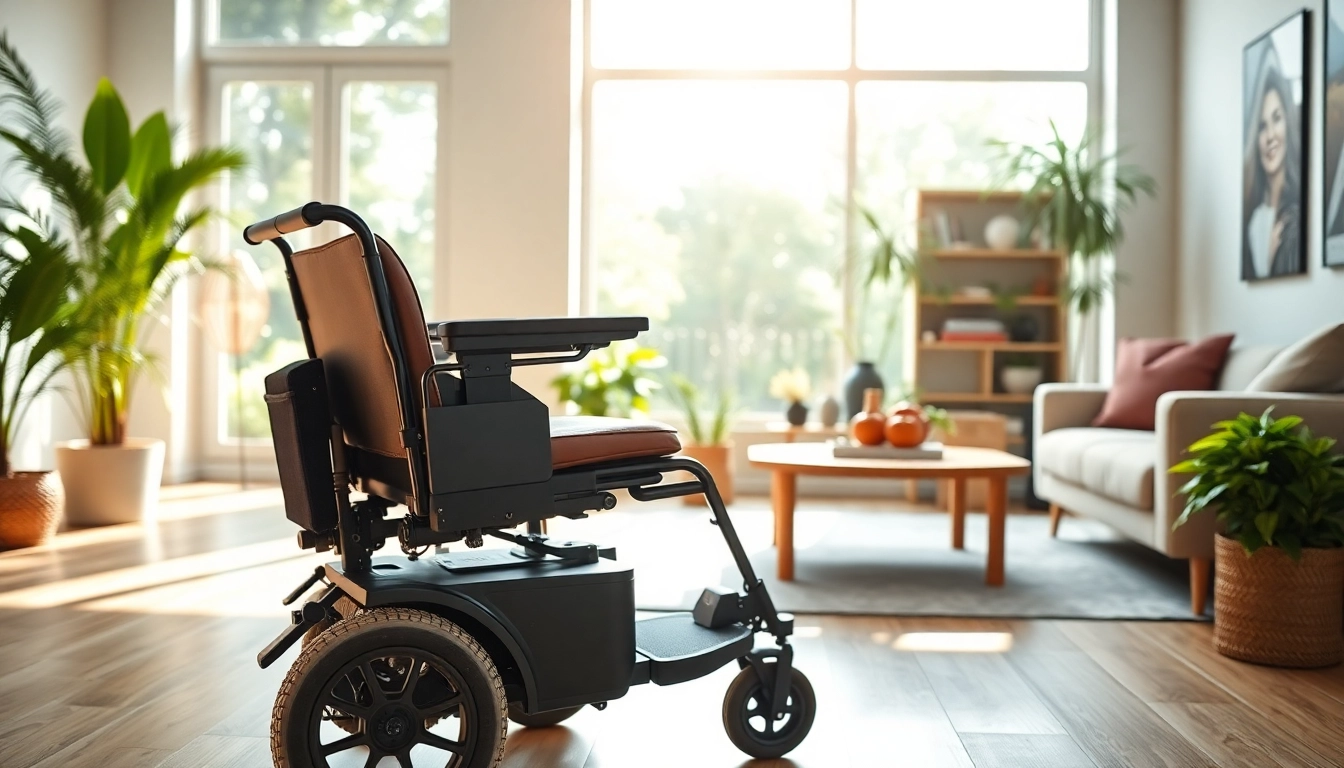 Individual using an electric wheelchair in a modern living room setting, showcasing comfort and accessibility.