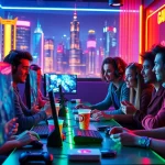 Bermain game online dengan suasana penuh warna dan gamer beragam di layar.