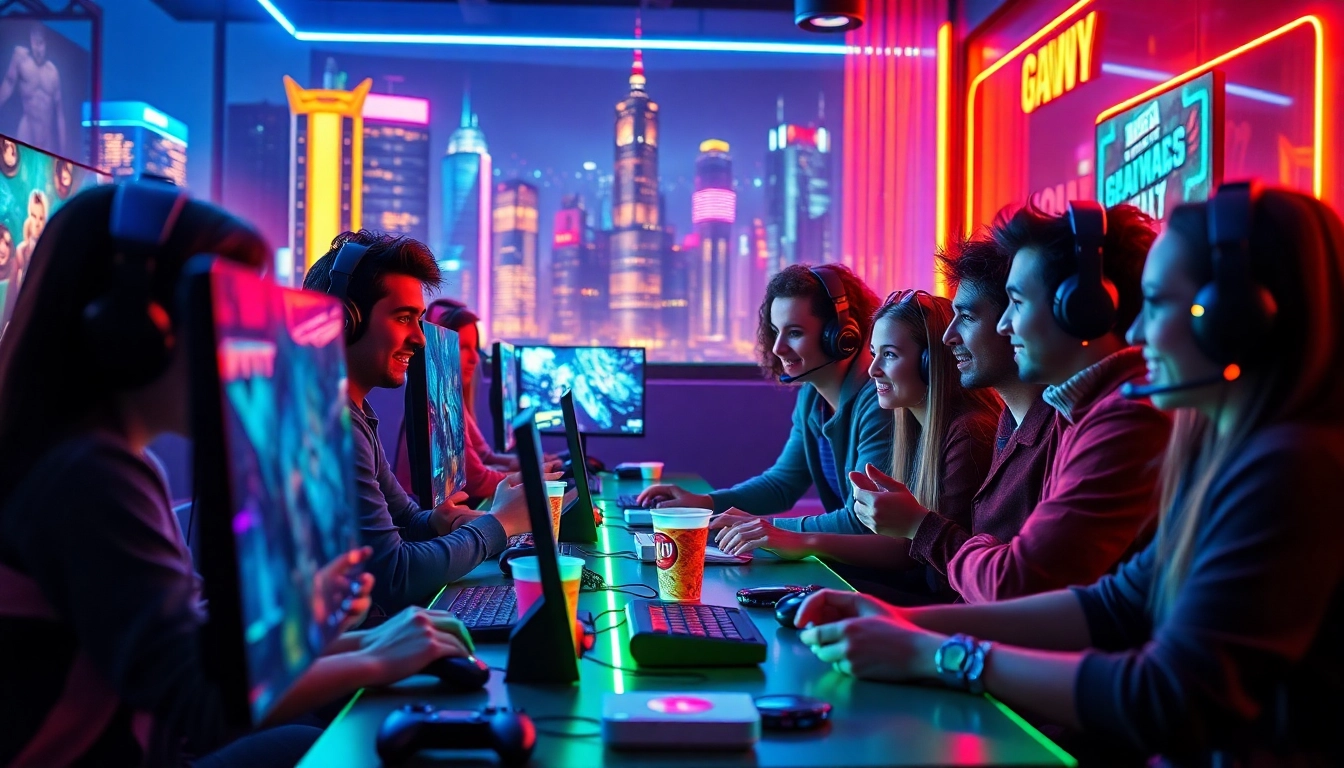 Bermain game online dengan suasana penuh warna dan gamer beragam di layar.