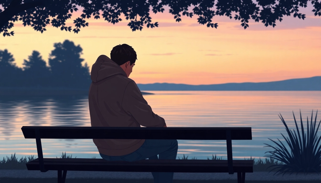 Heartbroken individual reflecting on relationship breakup by a serene lake at dusk.