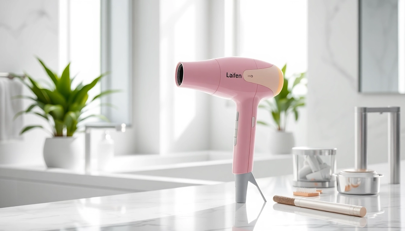 Showcase the Laifen hair dryer elegantly placed in a modern bathroom setting