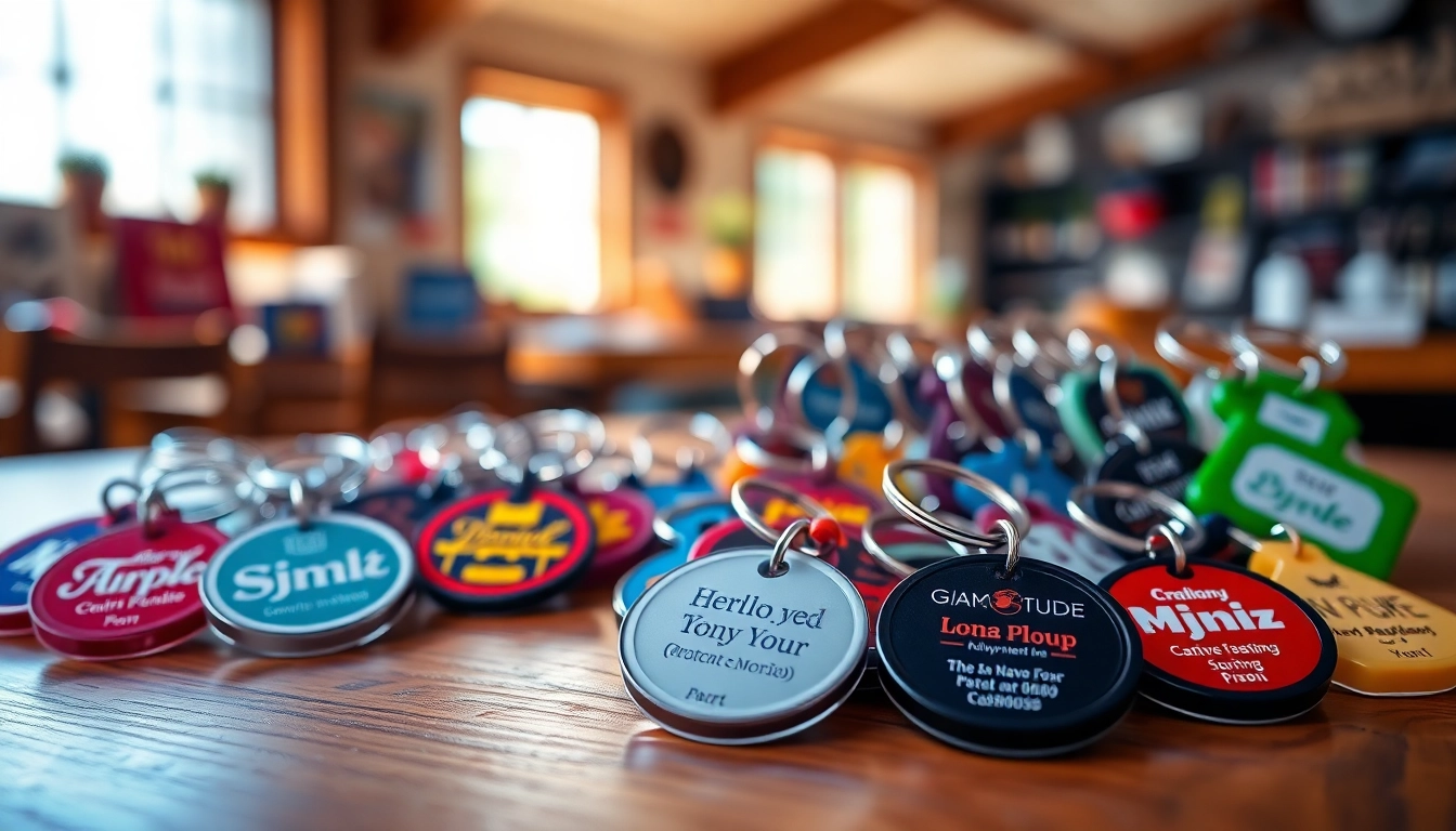 Showcase of customized keychains with unique designs displayed creatively on a table.