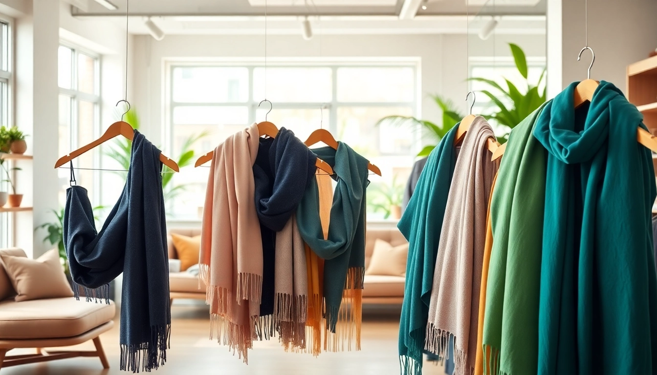 Shop vibrant vela scarves in a beautifully arranged boutique setting showcasing style and elegance.