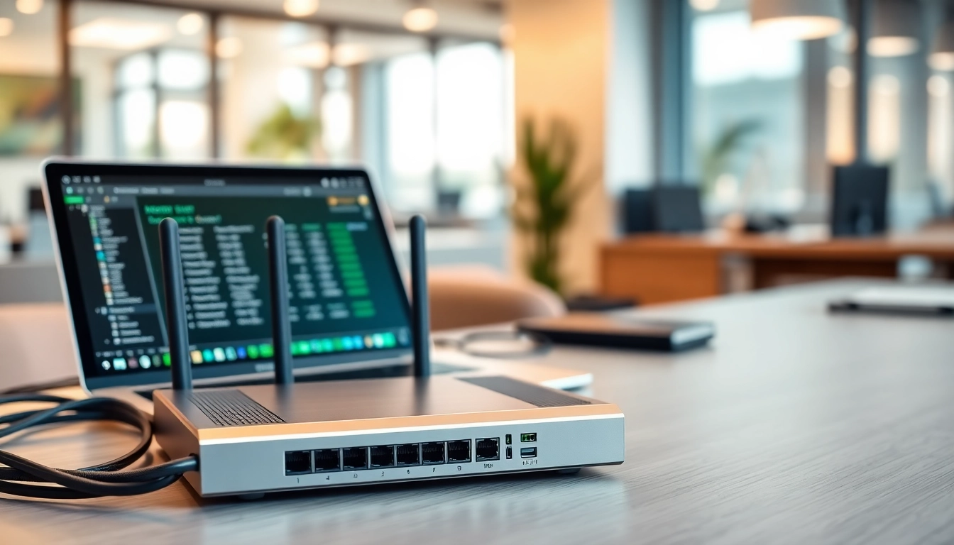 Mikrotik router setup on desk showcasing network configurations and accessories in a professional environment.