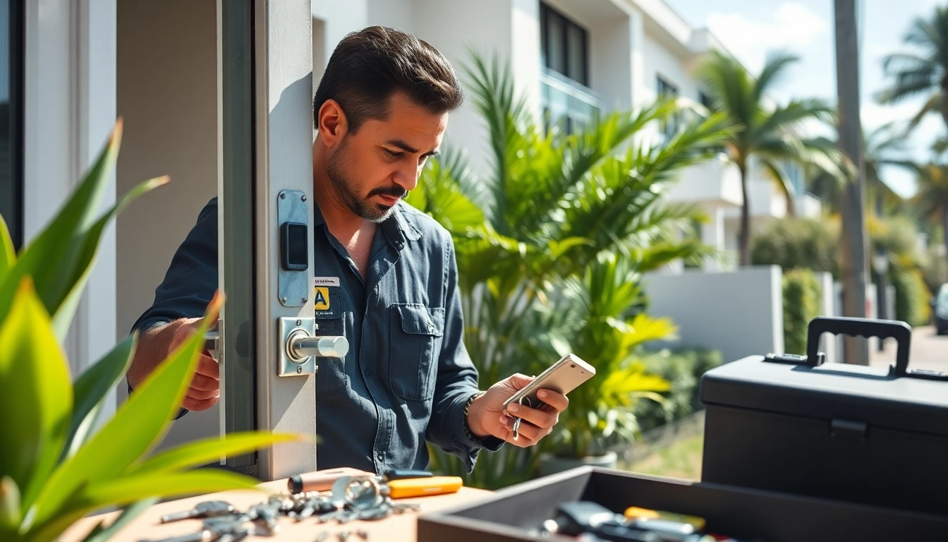 Locksmith Miami expert rekeying locks in a sunny residential setting