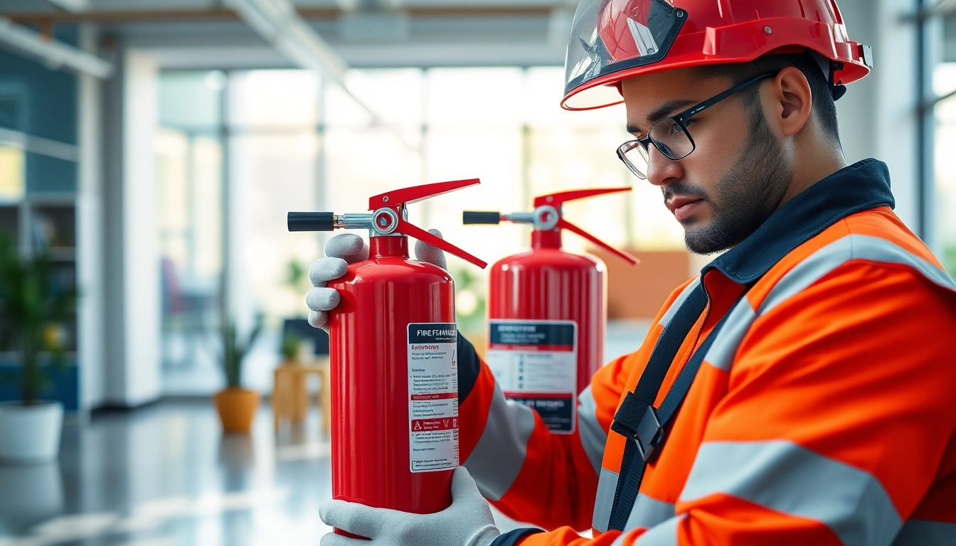 Fire extinguisher service technician inspecting a bright red fire extinguisher in a modern office.