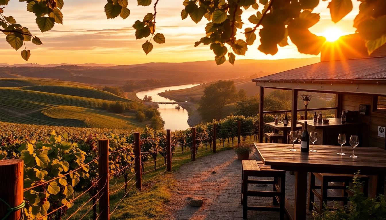Capture the serene atmosphere of Clarksburg wineries amidst rolling vineyards at sunset.