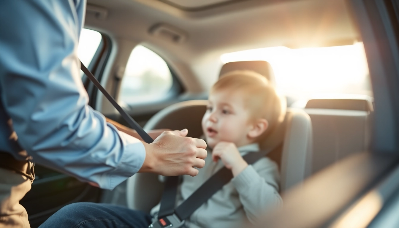 Fasten des Sicherheitsgurts in einem Auto mit einem Kind.