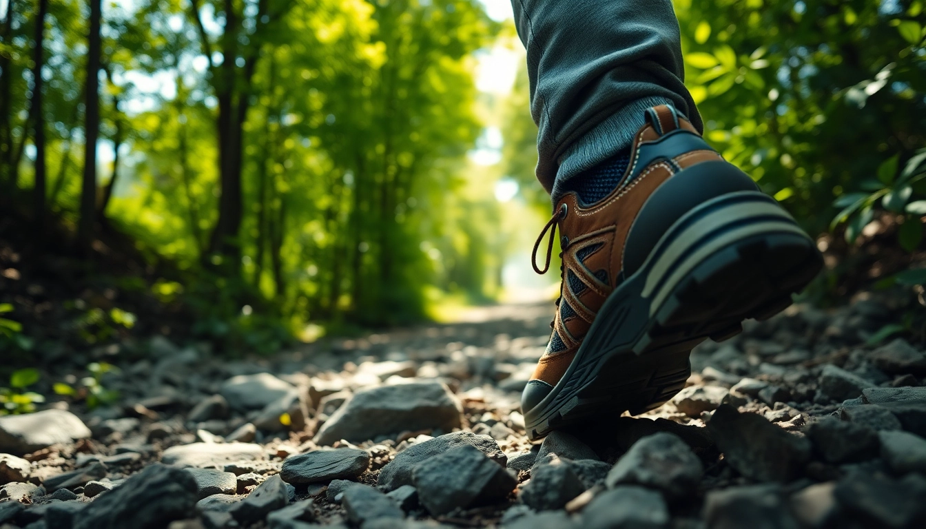 Wandelschoenen met goede ondersteuning op een rotsachtig pad, perfect voor avontuur.