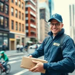 Couriers efficiently delivering packages on a busy city street, showcasing professionalism and reliability.