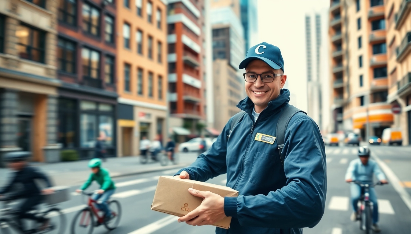 Couriers efficiently delivering packages on a busy city street, showcasing professionalism and reliability.