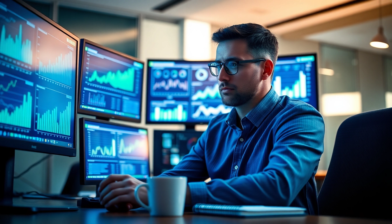 Analyze competitive intelligence data in a modern office with a focused data analyst.