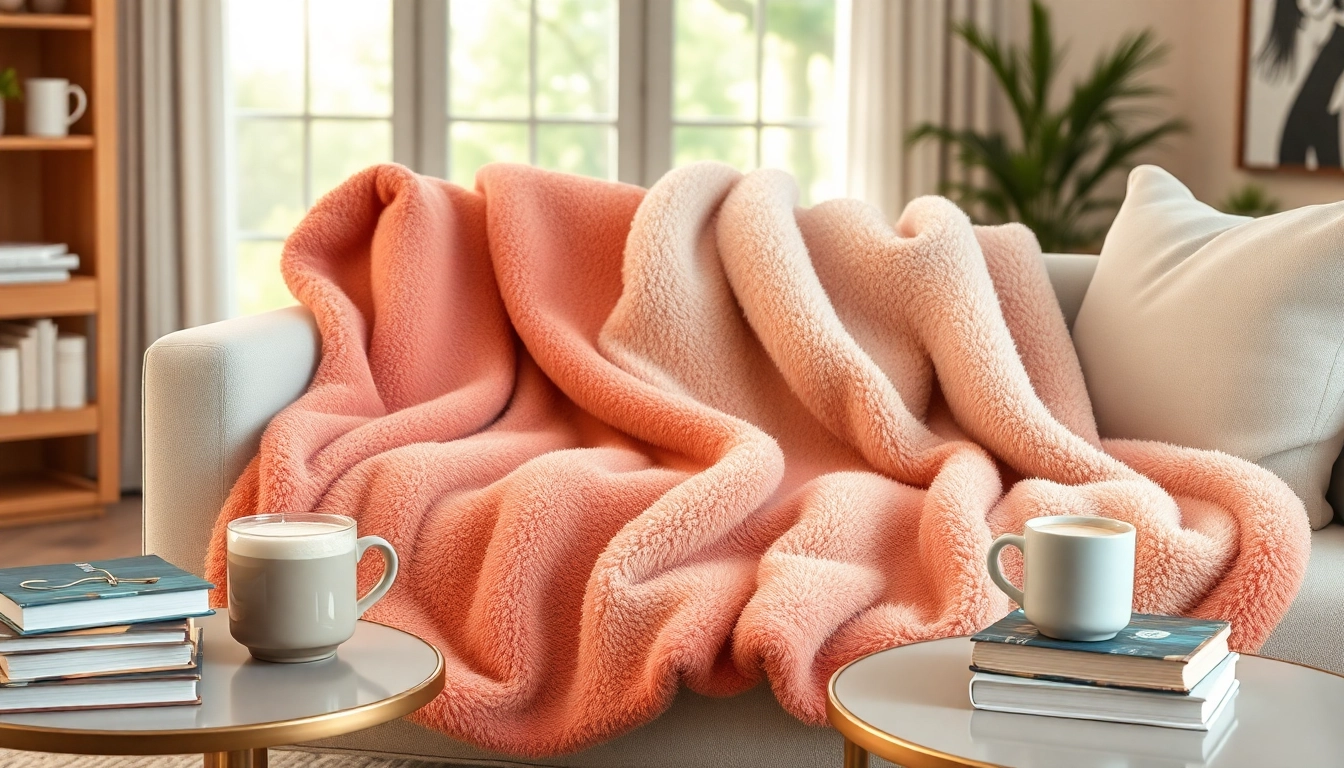 Fleece dekentje mooi gedrapeerd over een stijlvolle bank in een moderne woonkamer.