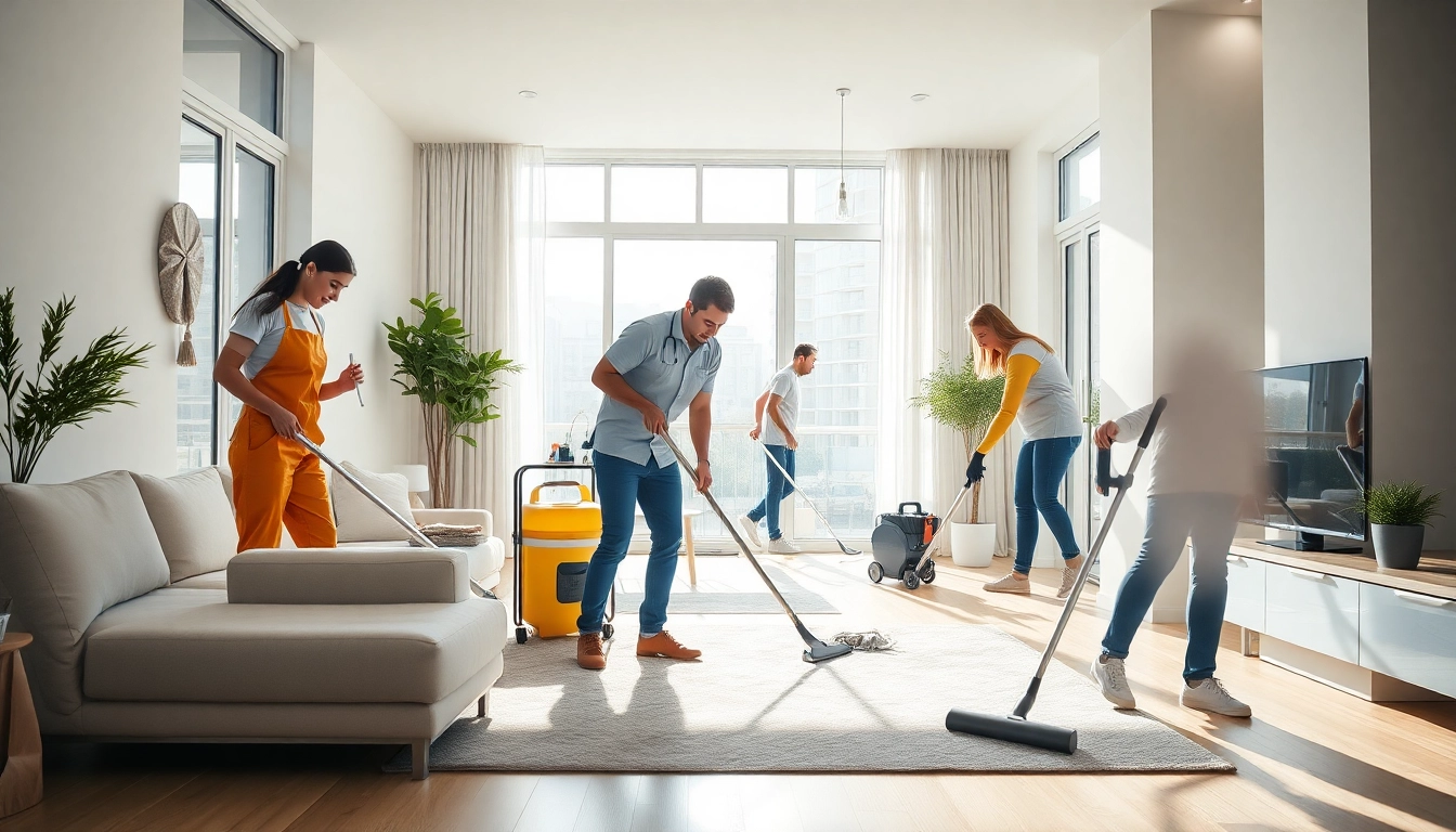Bond cleaning team efficiently scrubbing a spotless modern apartment.