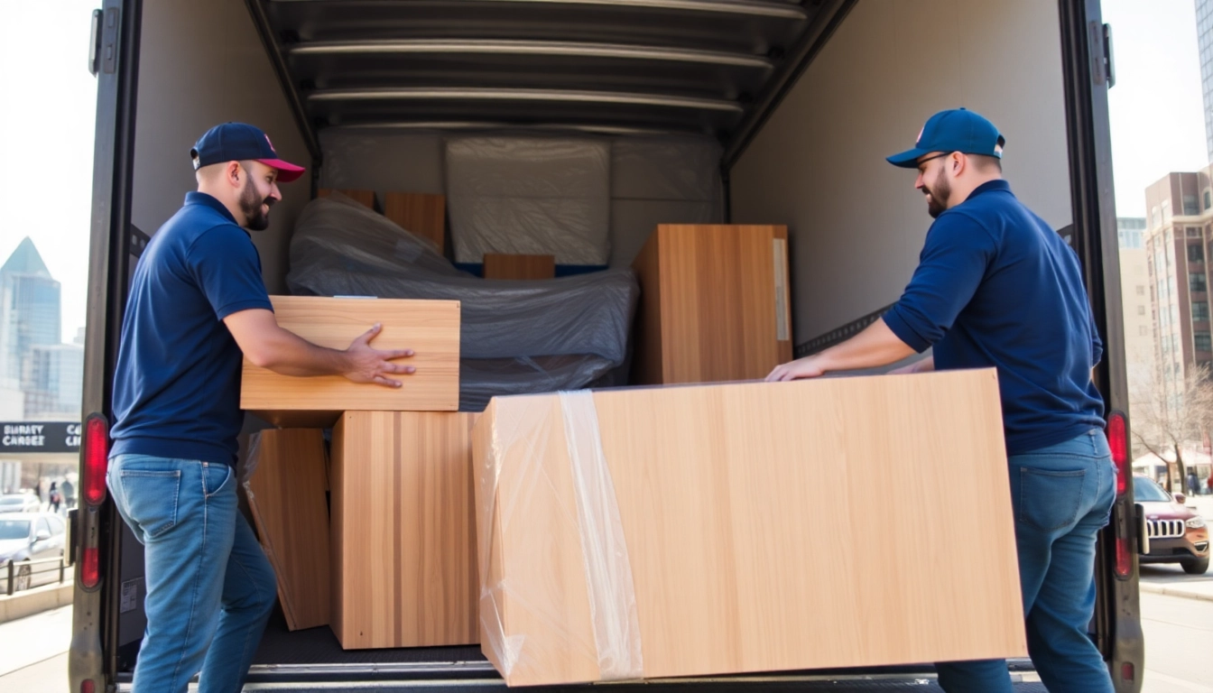 Movers Calgary expertly packing the truck with furniture, showcasing teamwork in a vibrant urban setting.