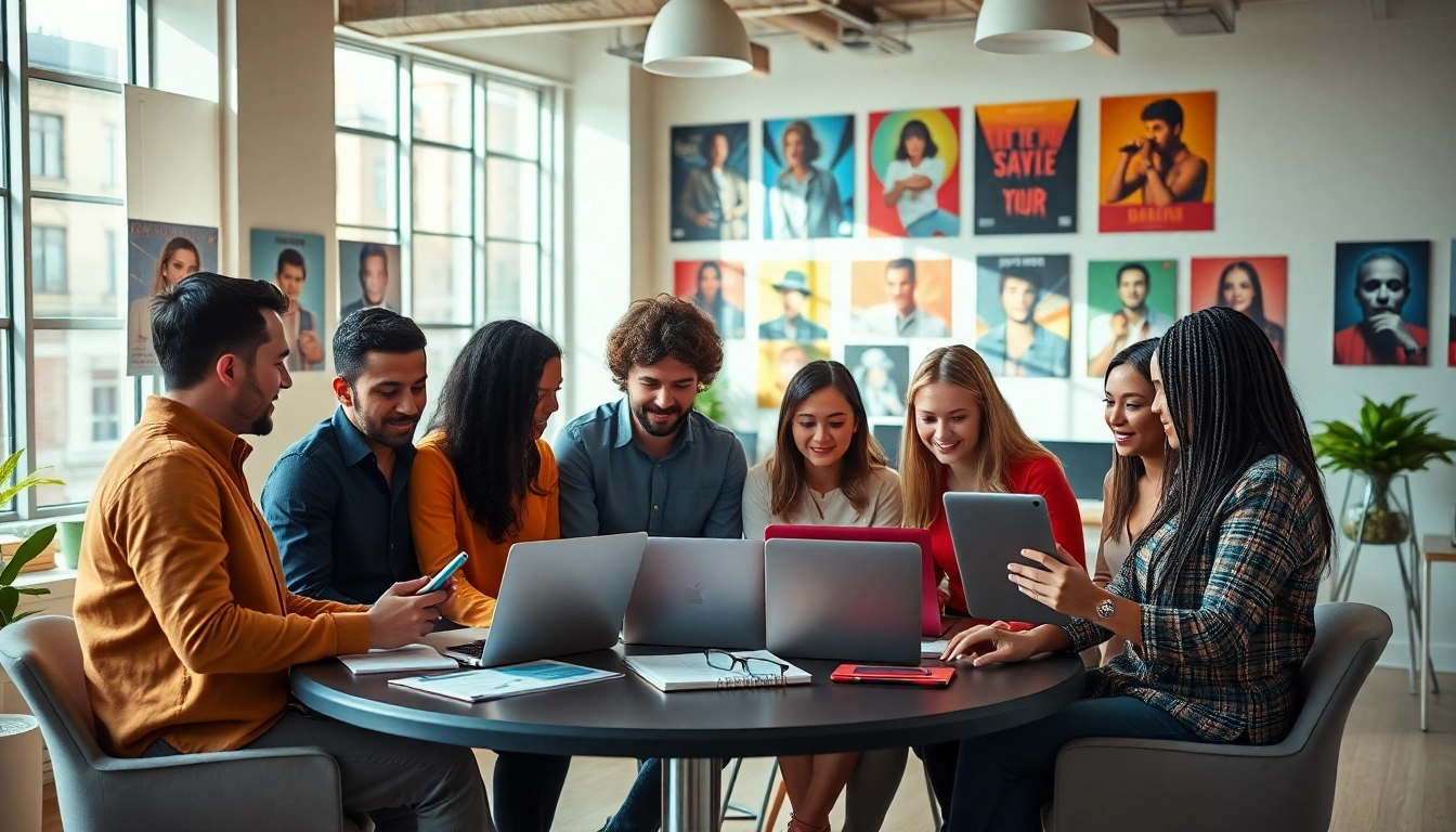 Collaborative team discussing strategies for a music pr company in a vibrant office.