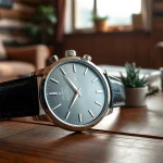 Funktionale Herren Armbanduhren auf einem eleganten Holztisch in einem modernen Ambiente präsentieren.