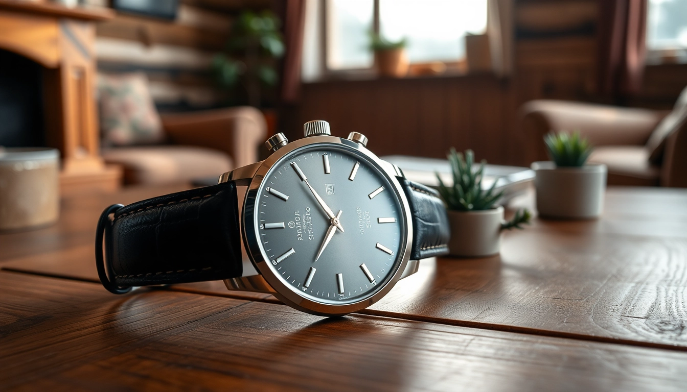 Funktionale Herren Armbanduhren auf einem eleganten Holztisch in einem modernen Ambiente präsentieren.
