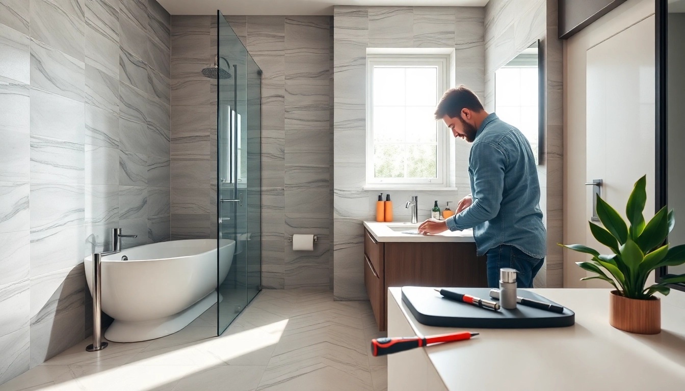 Bathroom install Bristol showcasing a skilled tradesperson working amidst modern fixtures and elegant tiles.