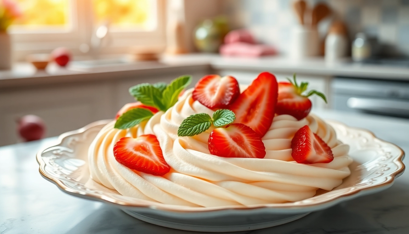Mousseline dessert with fresh strawberries and mint leaves, highlighting creamy texture.
