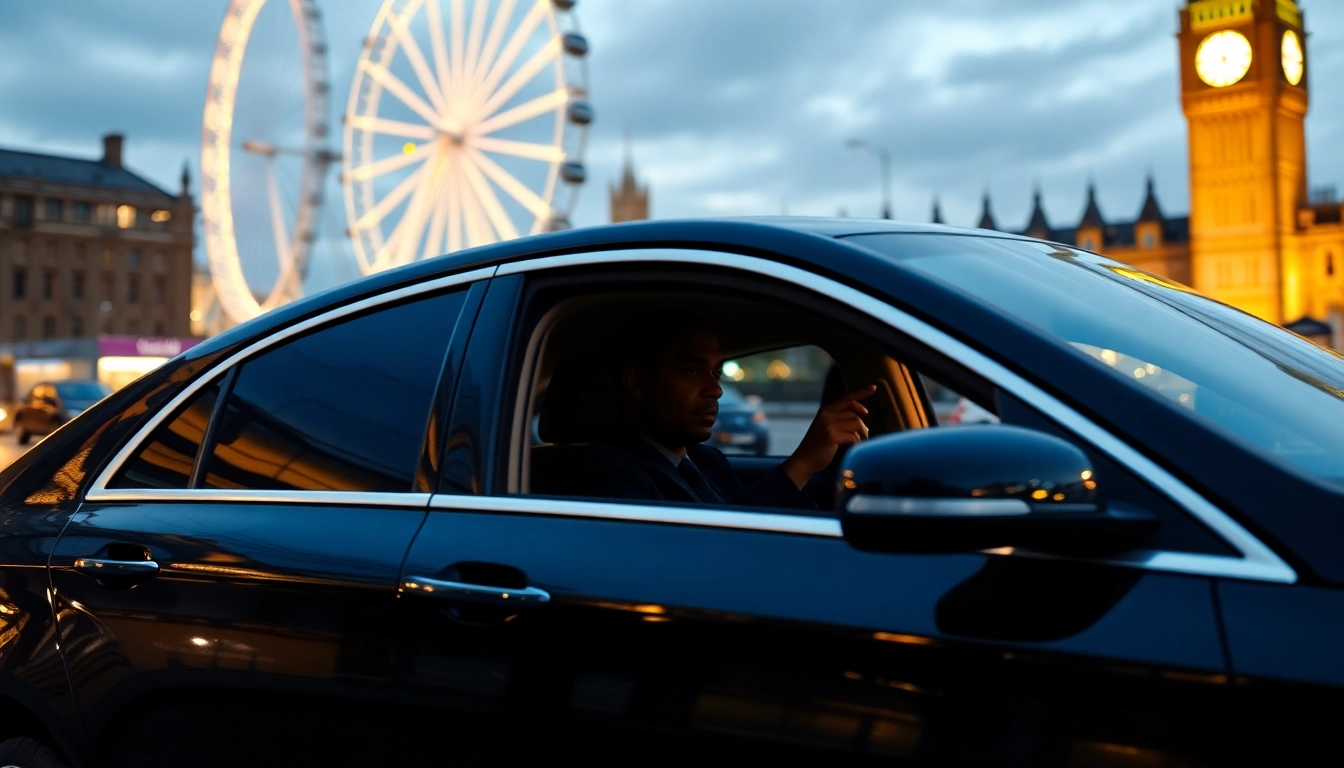 Experience the premium chauffeur service london in a luxury car against London’s iconic skyline.