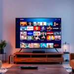Comprar IPTV en un ambiente acogedor con una televisión mostrando múltiples canales.
