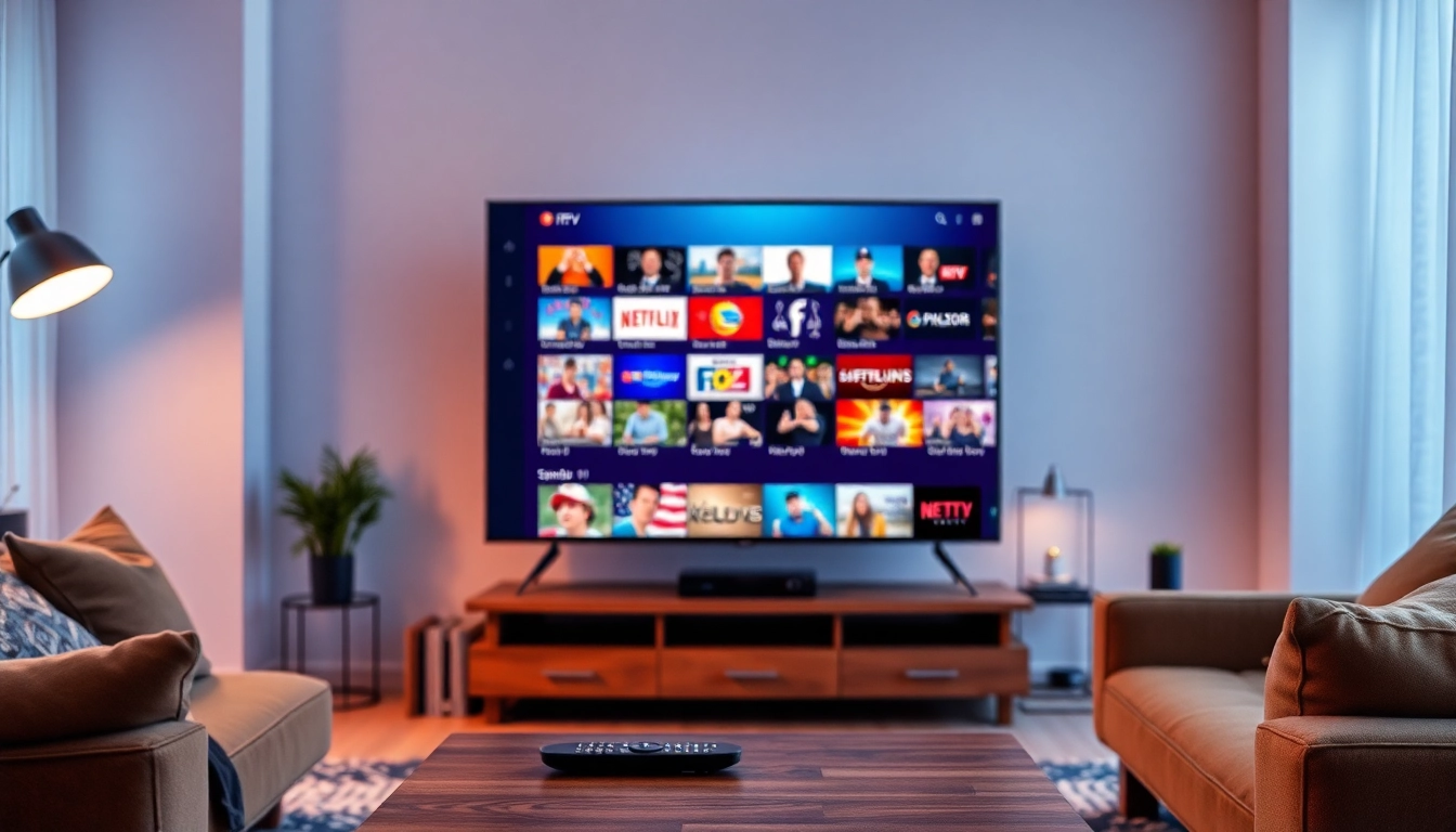 Comprar IPTV en un ambiente acogedor con una televisión mostrando múltiples canales.