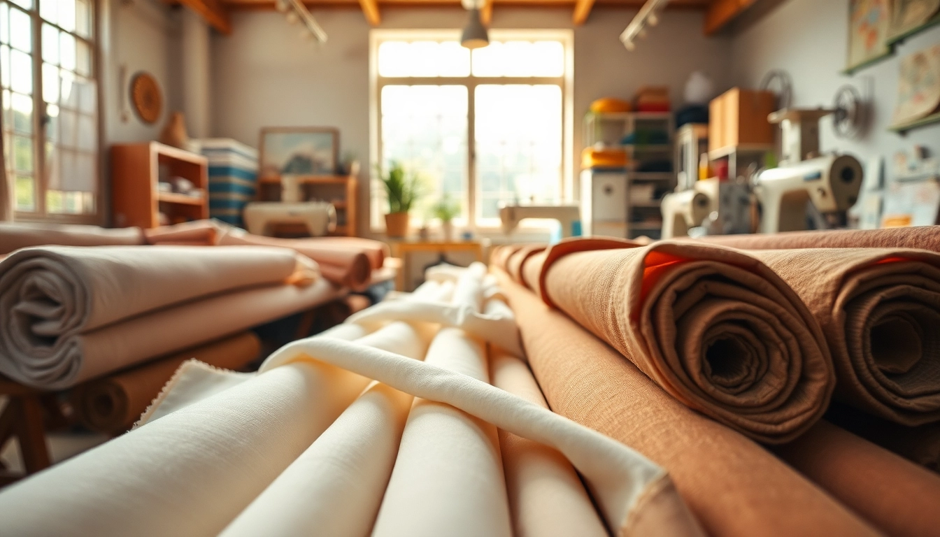 Katoen stoffen rolls in a vibrant textile workshop showcasing craftsmanship.
