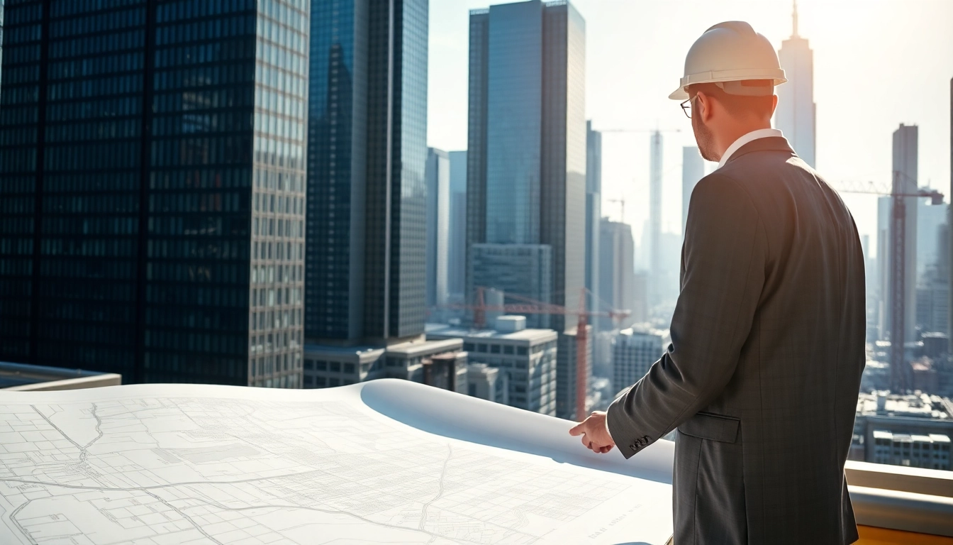 New York Construction Manager reviewing plans amid a vibrant urban skyline.