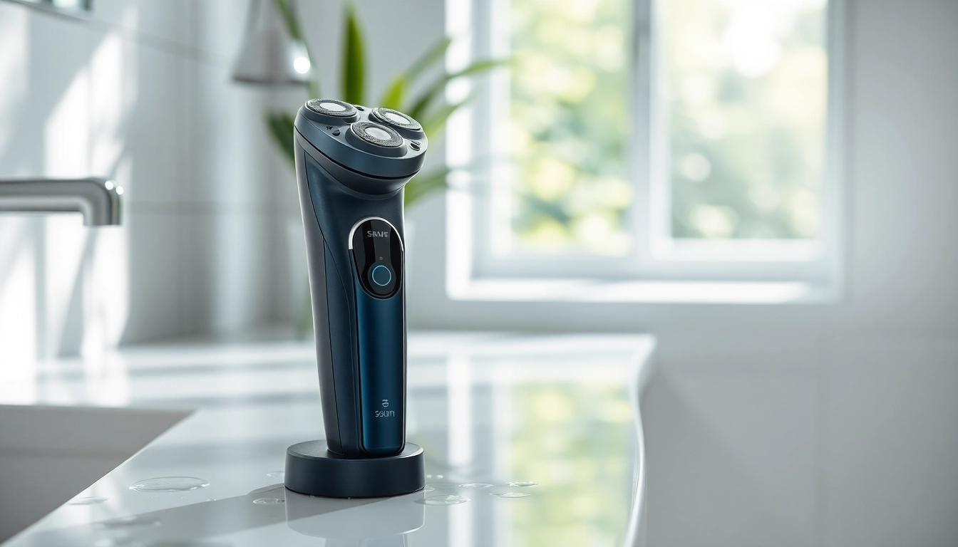 Electric Shaver for Sensitive Skin prominently positioned on a bathroom counter, highlighting its advanced design.