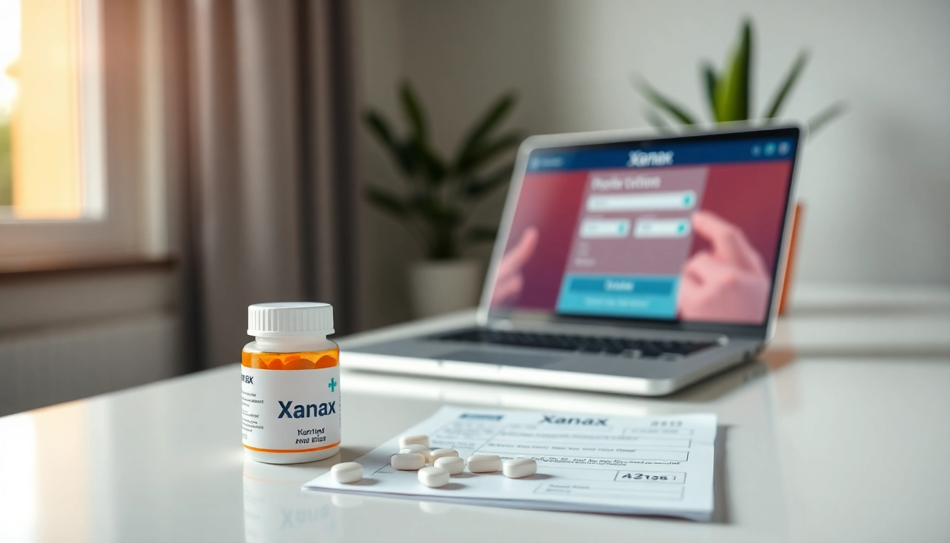 Order online Xanax with an organized setup featuring a prescription pad and laptop.