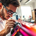 Technician expertly applying Cerekote finish to firearm in professional workshop setting